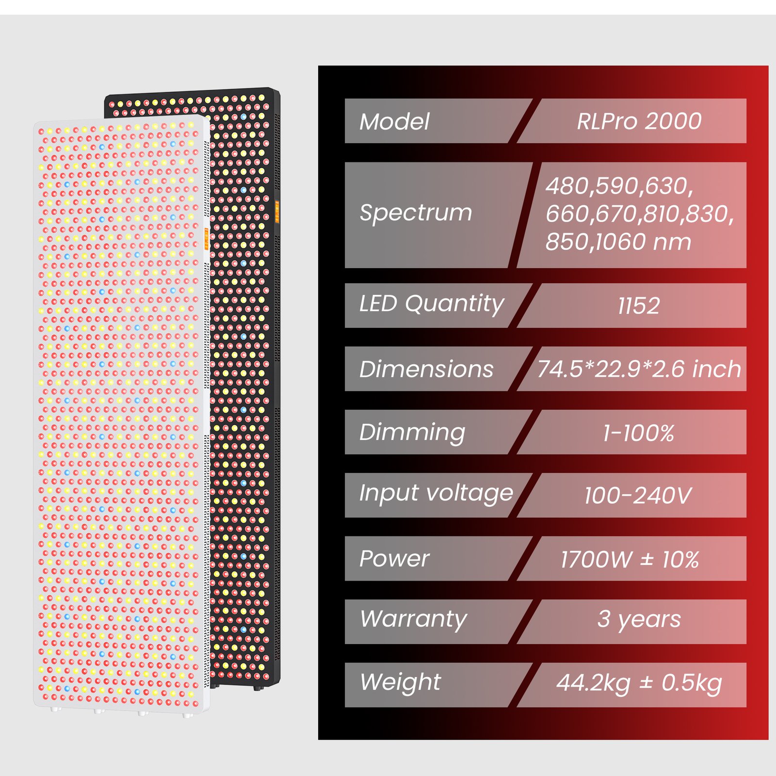 RLPro 2000 Red Light Therapy Equipment Specifications